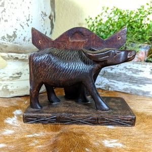 Hand Carved Wooden Sculpture African Buffalo Shelf Bookend Vintage